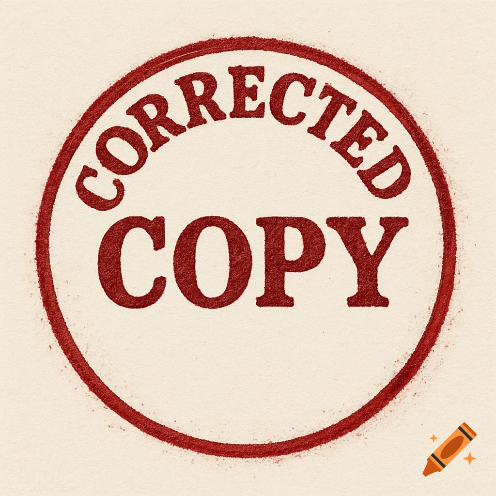 Red rubber stamp impression reading 'CORRECTED COPY' on a light background.