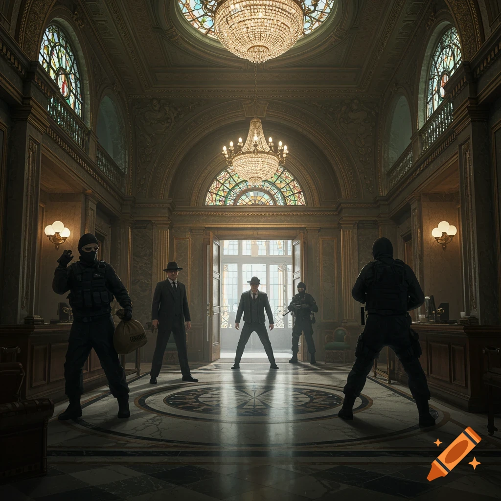 Photorealistic image of four figures, two in suits and two in tactical gear, standing in a grand, ornate bank lobby during a standoff.