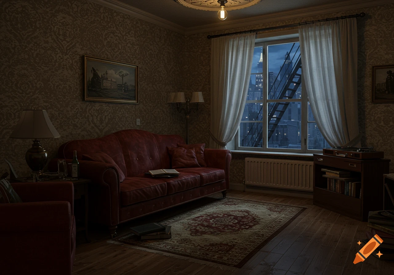 Vintage New York City apartment living room with a red velvet sofa, lamp, and window overlooking a city fire escape and skyline at night.