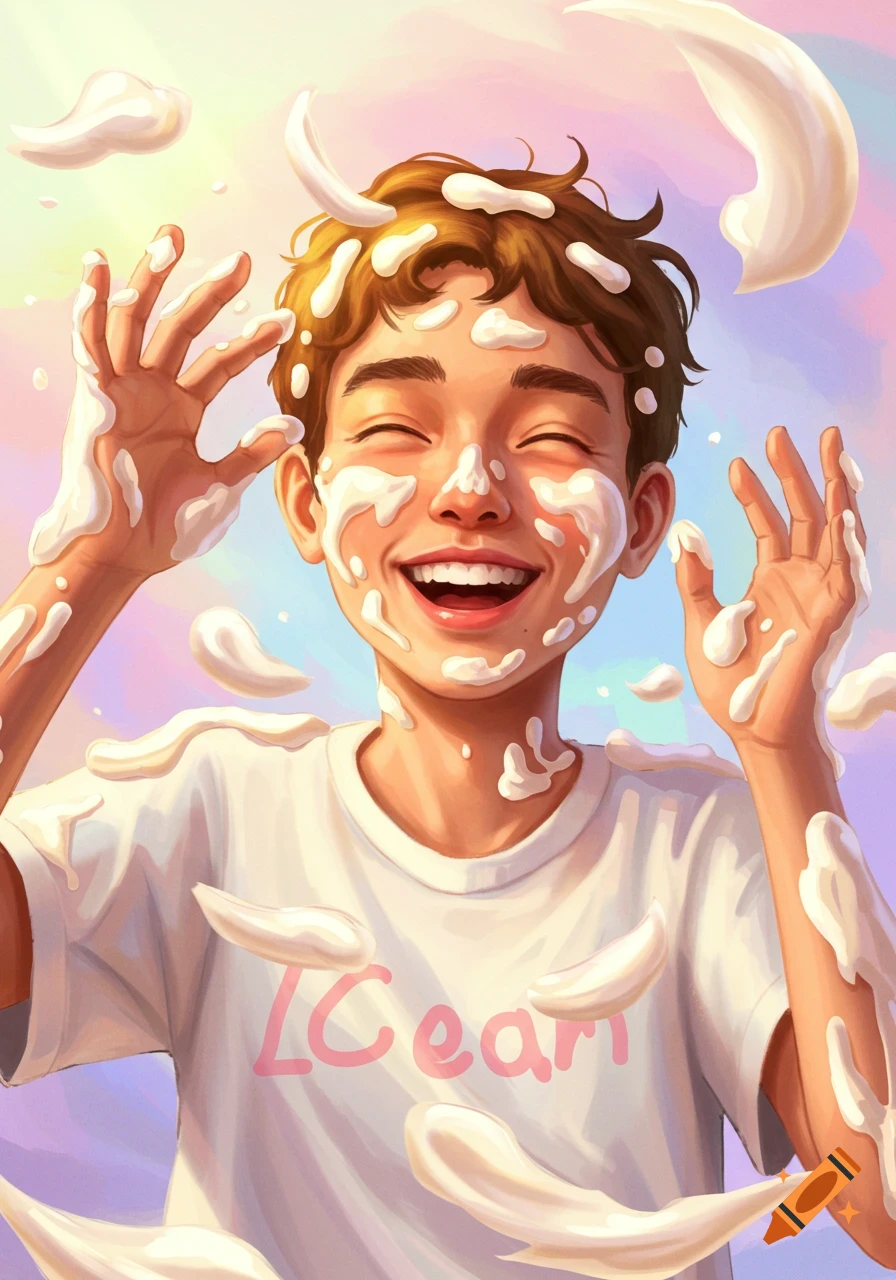 A happy boy with cream splattered on his face and hands, smiling widely with his eyes closed, in a colorful digital art style.