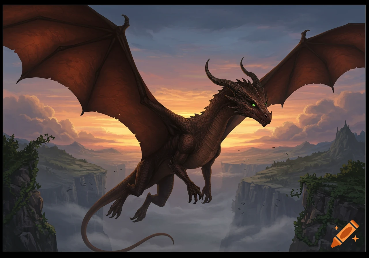 A majestic dark brown dragon with green eyes flies over a mountainous landscape at sunset, its large wings spread.