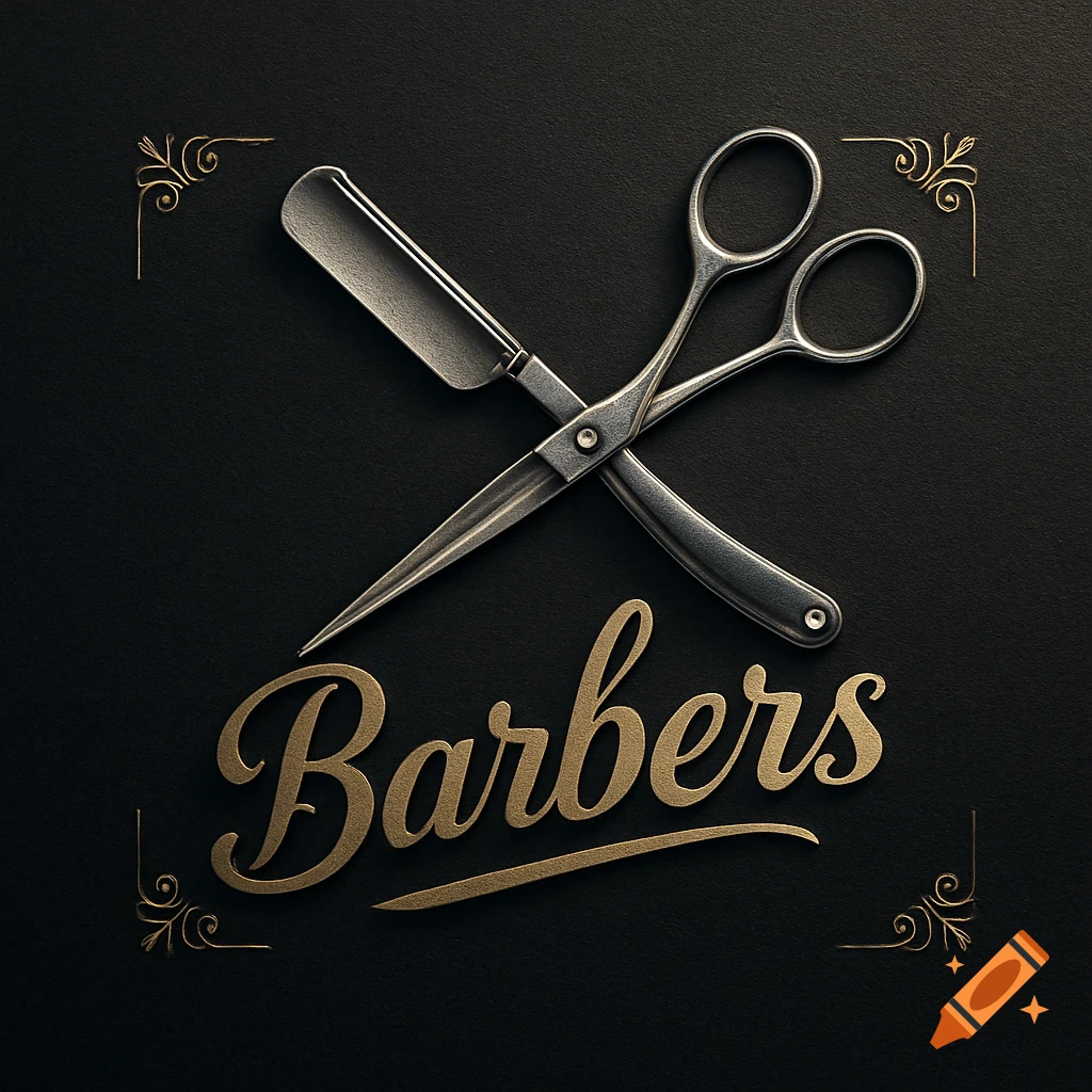 A gold logo for barbers, featuring a straight razor and scissors crossed over each other, with the word 'Barbers' in a script font.