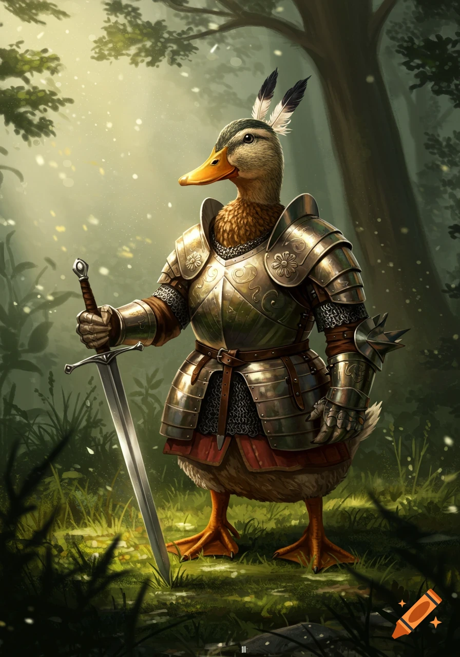 A realistic mallard duck in ornate medieval armor holds a sword in a sunlit fantasy forest.