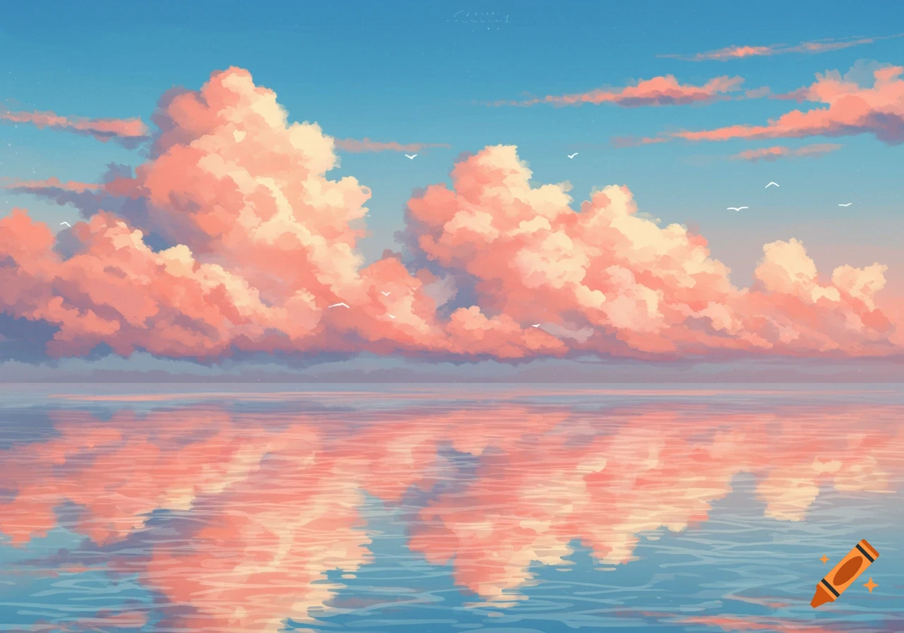 Peach-colored clouds reflected in calm blue water under a clear sky with birds.