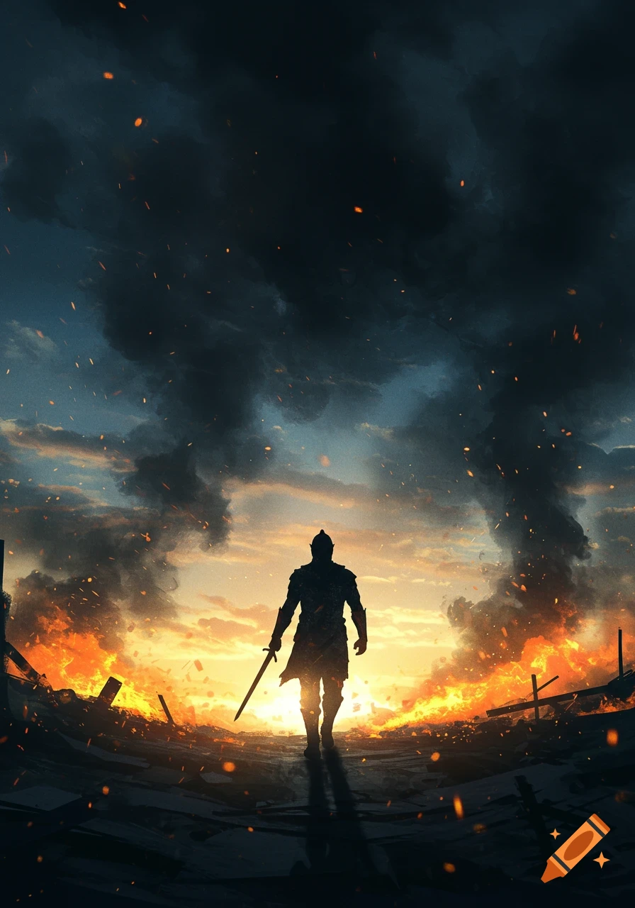Silhouette of a warrior with a sword walking through burning ruins at sunrise under a smoke-filled sky, digital art.