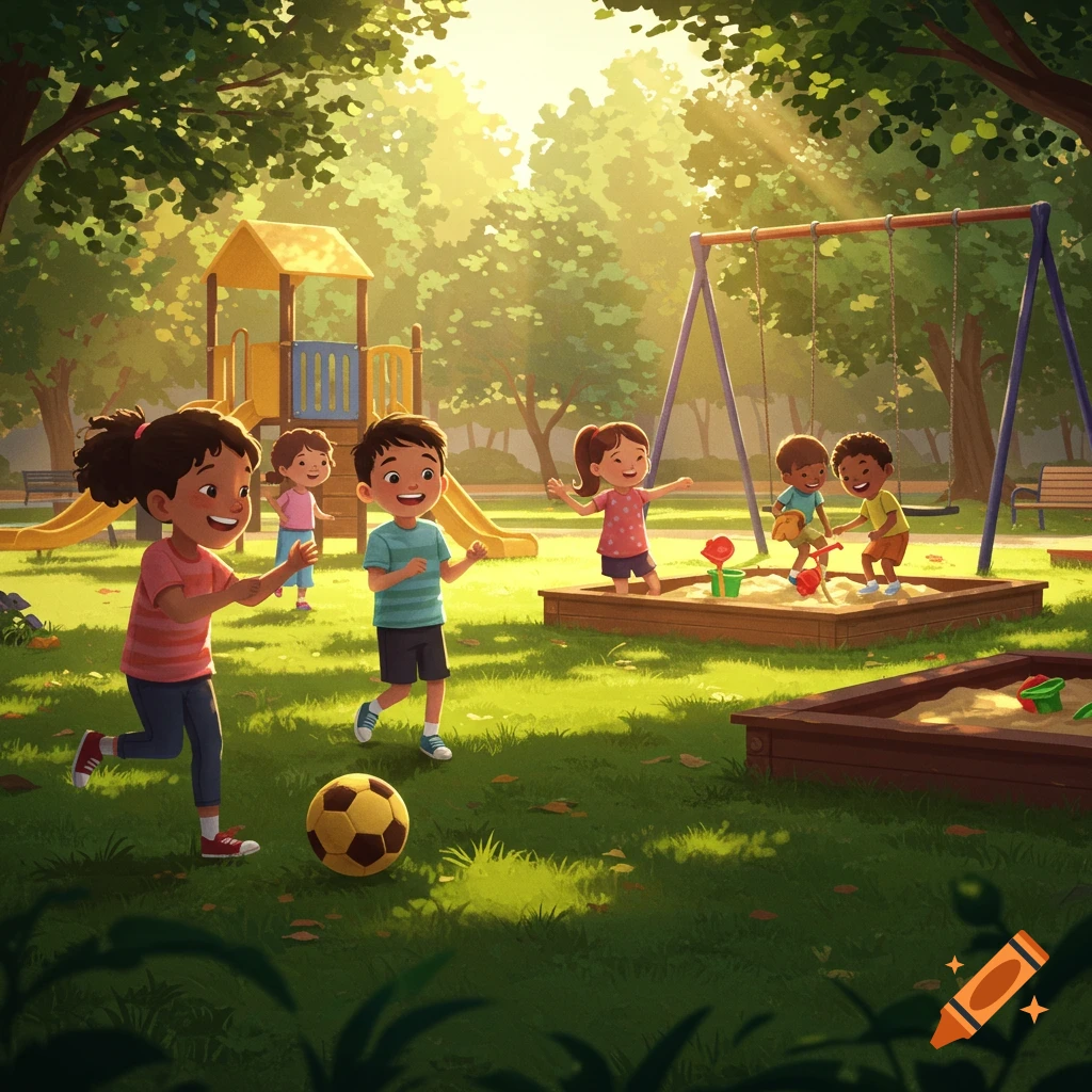 Children playing soccer and in sandboxes on a sunny day at a vibrant park, illustration style.