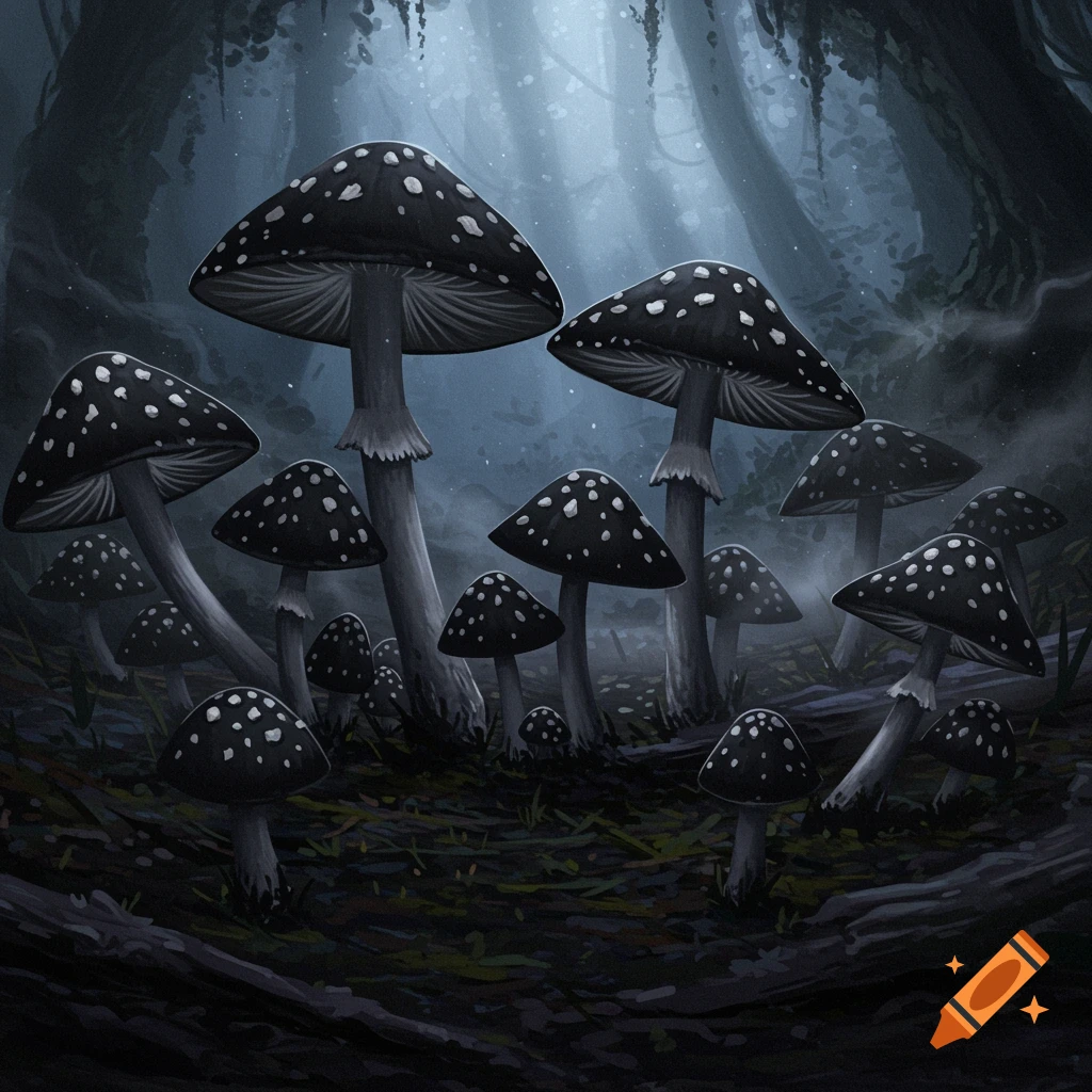 A cluster of black and white spotted mushrooms glow under ethereal light in a dark, misty forest.