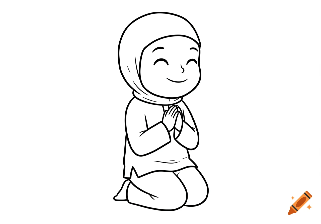 Black and white line art of a smiling cartoon Muslim child kneeling in prayer, hands clasped.