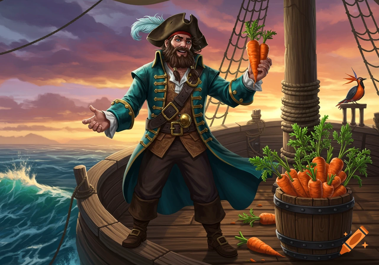 A bearded pirate on a ship deck holds up a giant carrot, with a barrel of carrots nearby and a bird on the railing, against a sunset ocean.