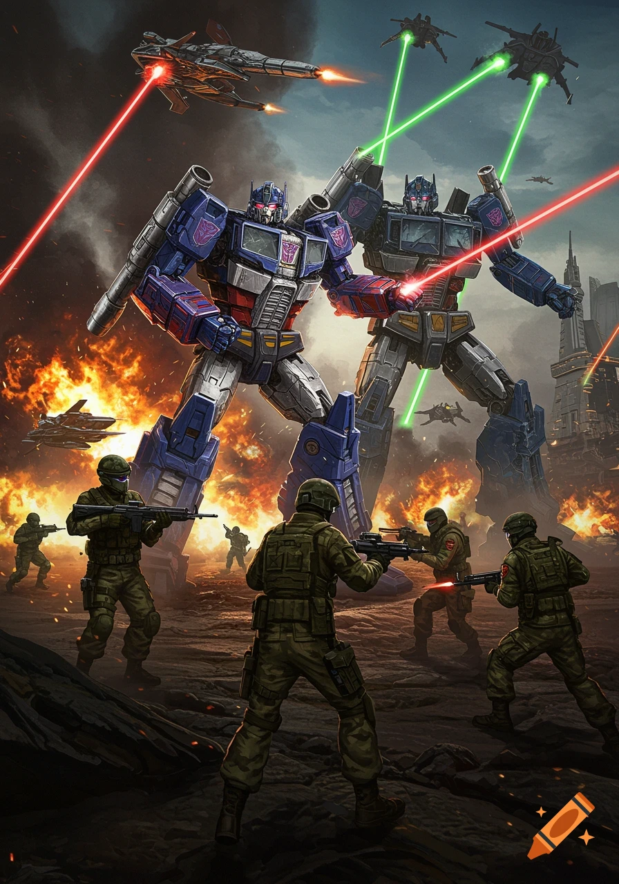 Two giant robots and armed soldiers battle amidst explosions and laser fire in a war-torn city. Flying vehicles shoot lasers from above.