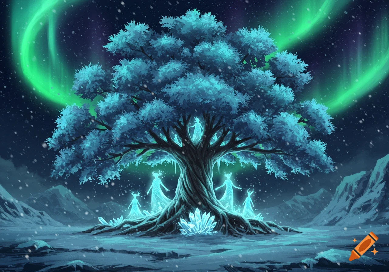A fantasy scene of a large, glowing blue-leafed tree in a snowy, icy landscape under green aurora borealis. Glowing spirit figures and crystals emerge from its base.