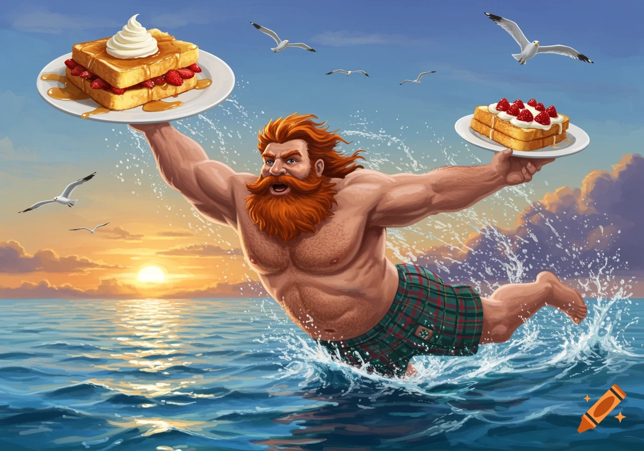 Muscular, red-bearded Scottishman flying out of the ocean at sunset, holding two plates of French toast, with seagulls in the sky. Illustration.