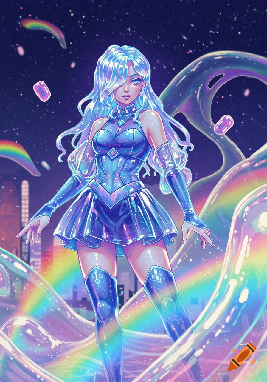 An anime-style girl with iridescent blue hair and a sparkling blue dress stands in a cosmic landscape surrounded by glowing, jelly-like rainbows.