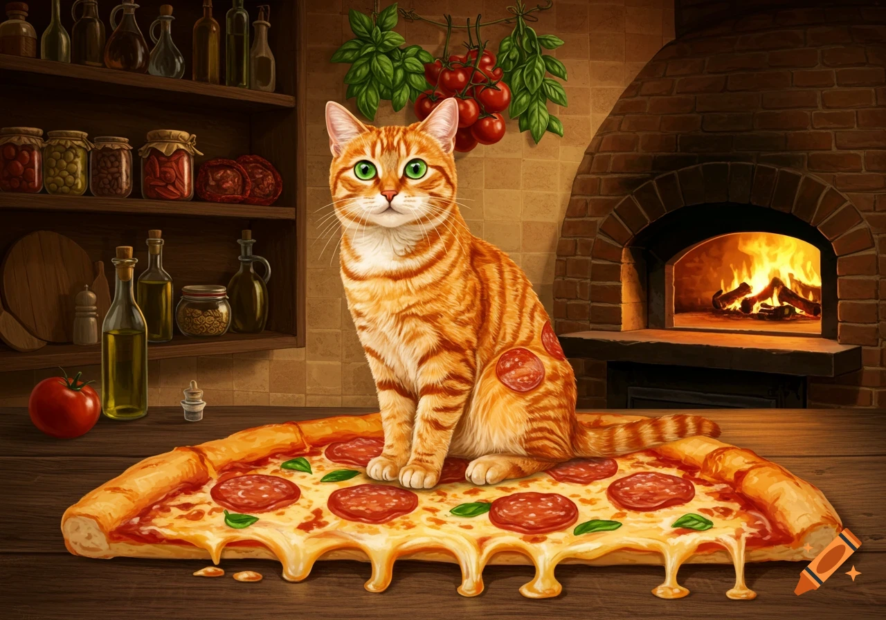 An orange tabby cat with green eyes sits on a large pepperoni pizza on a wooden table in a rustic kitchen with a brick oven.
