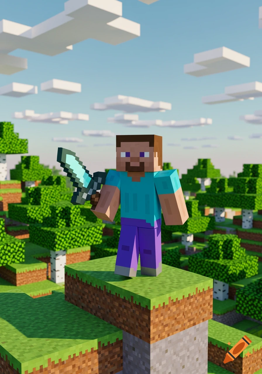 Minecraft character Steve holding a diamond sword, standing on a grass block in a blocky landscape with trees and clouds.