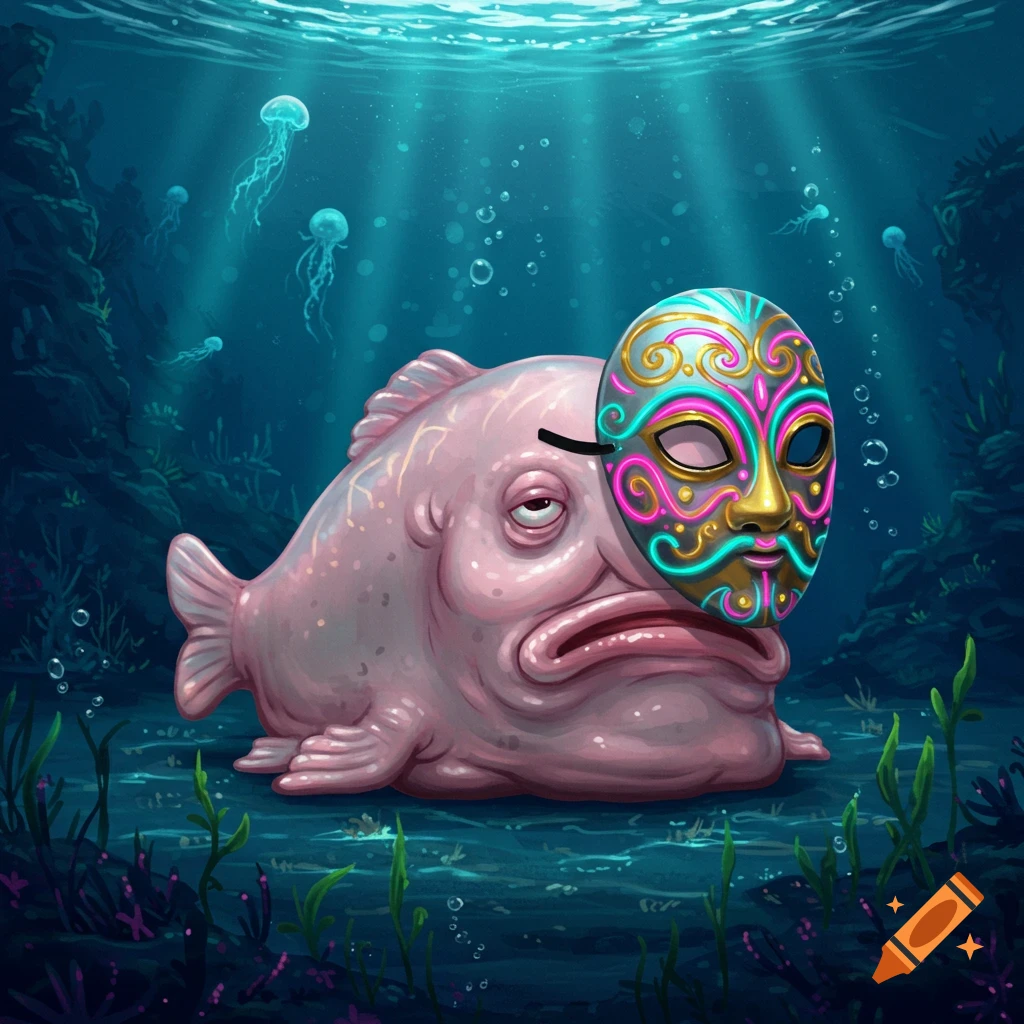Pink blobfish wearing a colorful, ornate mask underwater with jellyfish and plant life in an illustration.