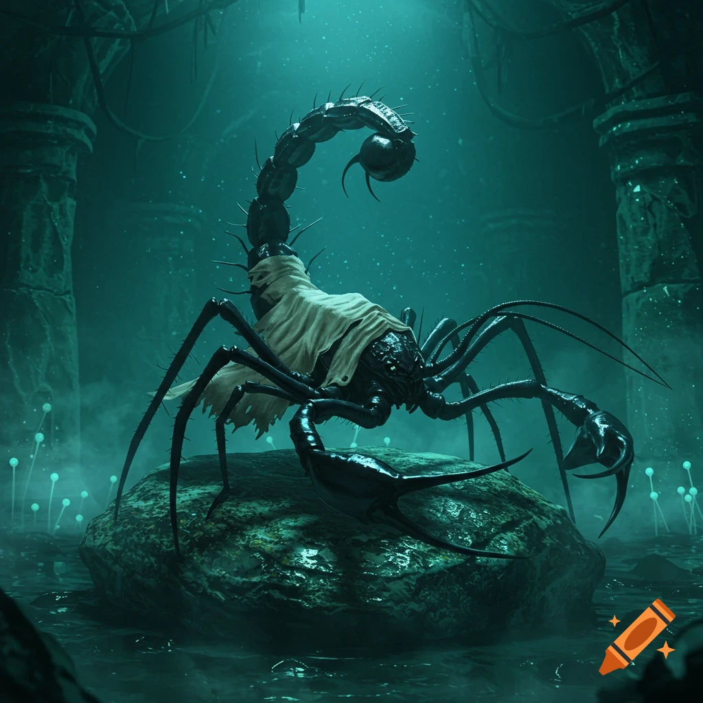 A large, dark, cloaked whip scorpion creature stands on a rock in a misty, teal-lit cave with glowing plants.