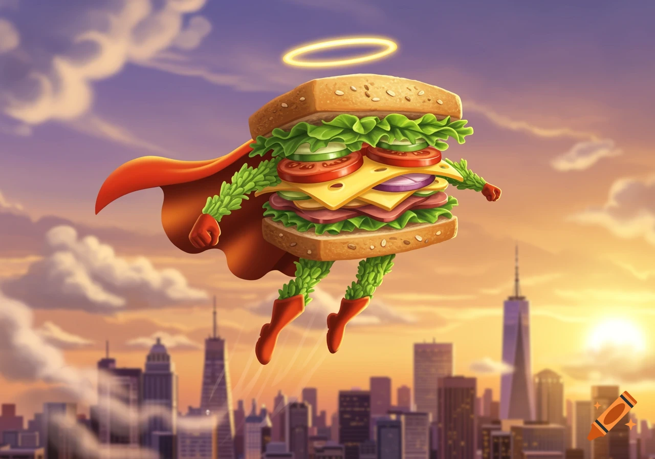 A cartoon superhero sandwich, complete with a red cape and a glowing halo, flies over a city skyline at sunset.