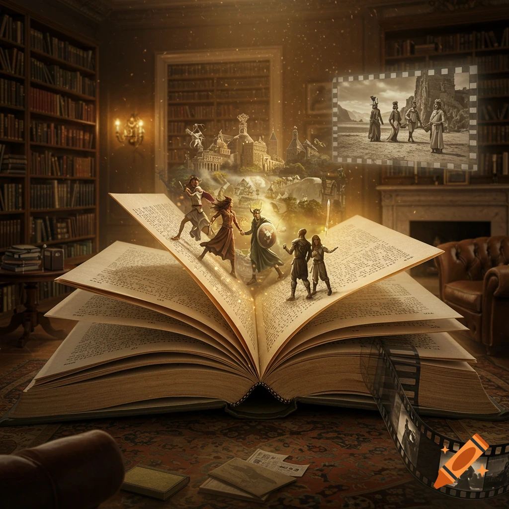 A fantastical scene with armored characters and a castle emerging from an open book in a library, with a film strip and screen in the background.