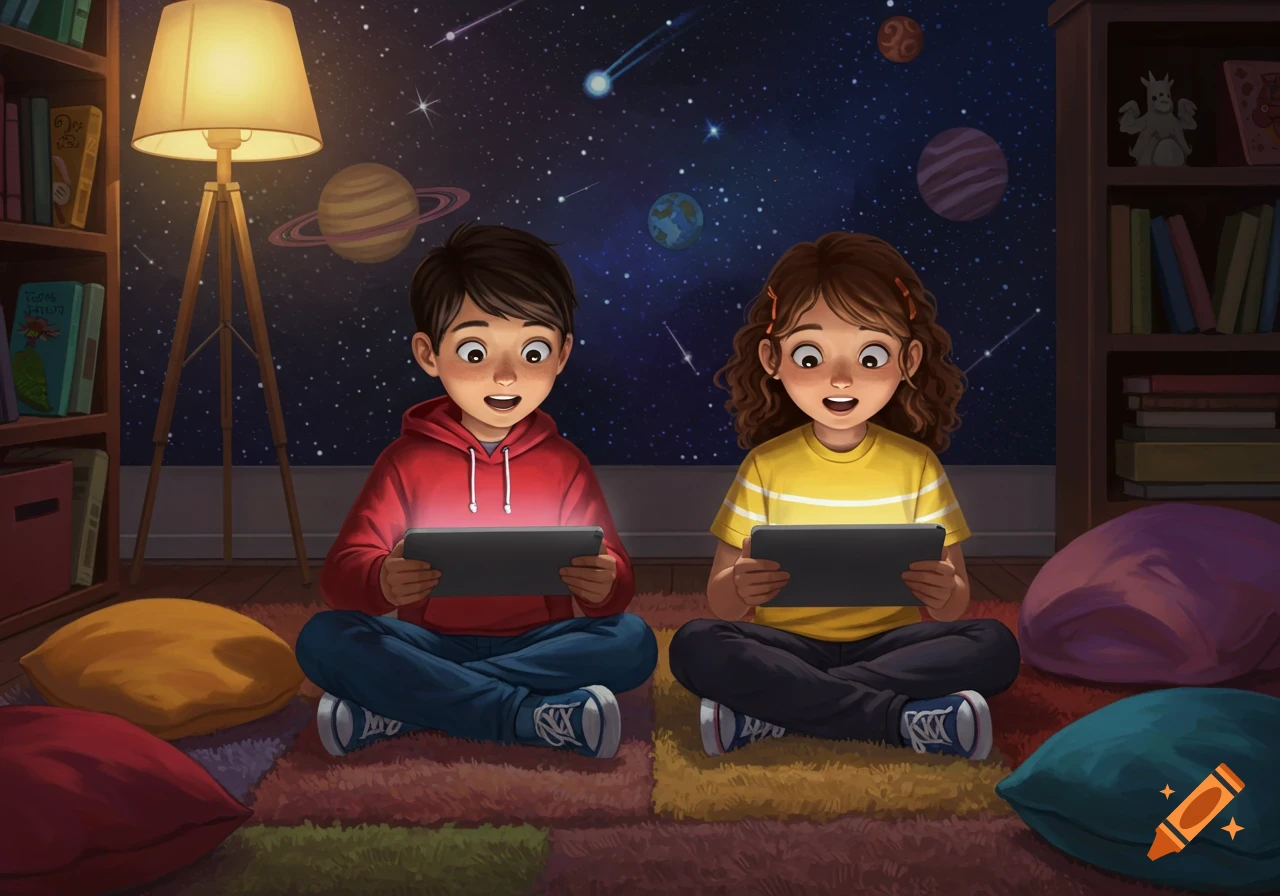 Two children sit on a colorful rug, looking amazed at glowing tablets in a room with a starry, planetary wall mural.
