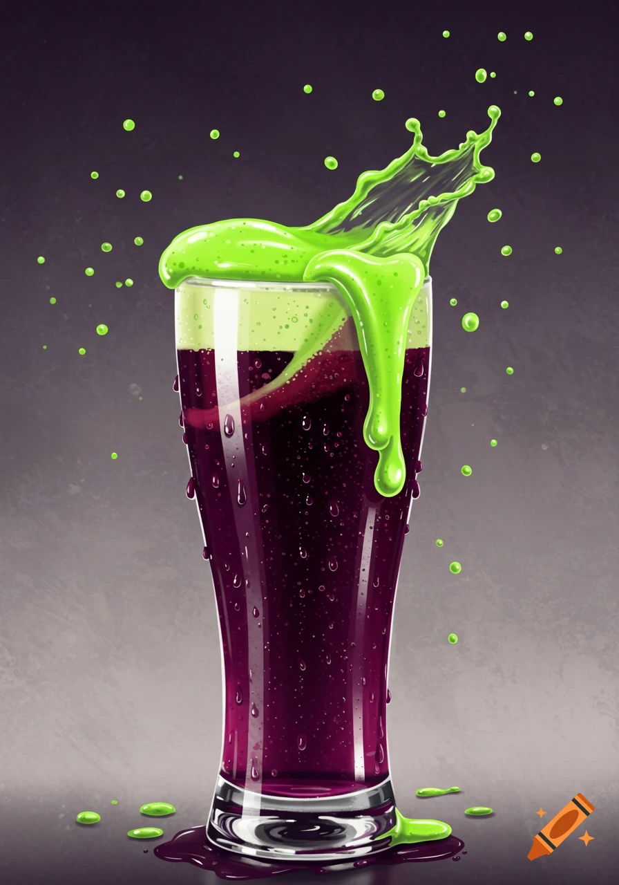 A pilsner glass with deep purple liquid, vibrant lime green foam overflowing and splashing, in an illustration style.
