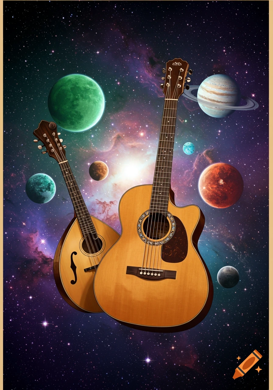 Acoustic guitar and mandolin float in a vibrant cosmic scene with colorful planets and stars.