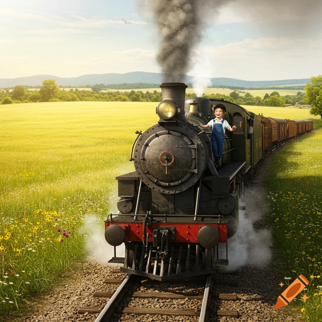 A happy young boy stands on the side of a vintage steam train moving through a sunny, green field with wildflowers and mountains.