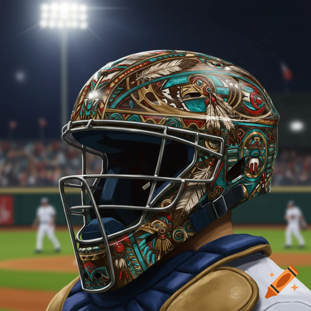 A baseball catcher's helmet painted with intricate Native American inspired patterns including feathers and tribal motifs in turquoise, gold, and red, on a baseball field at night under stadium lights.