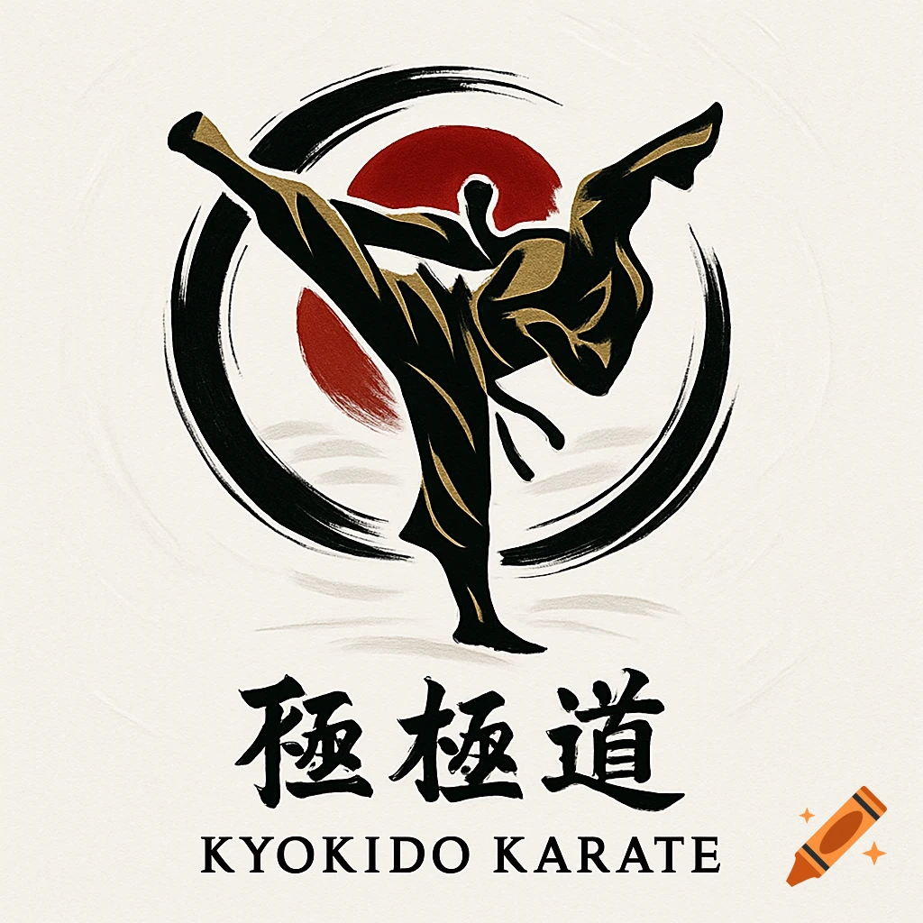 A stylized black and gold silhouette of a martial artist kicking, with Japanese characters and "KYOKIDO KARATE" text below, against a brush stroke circle and red sun.