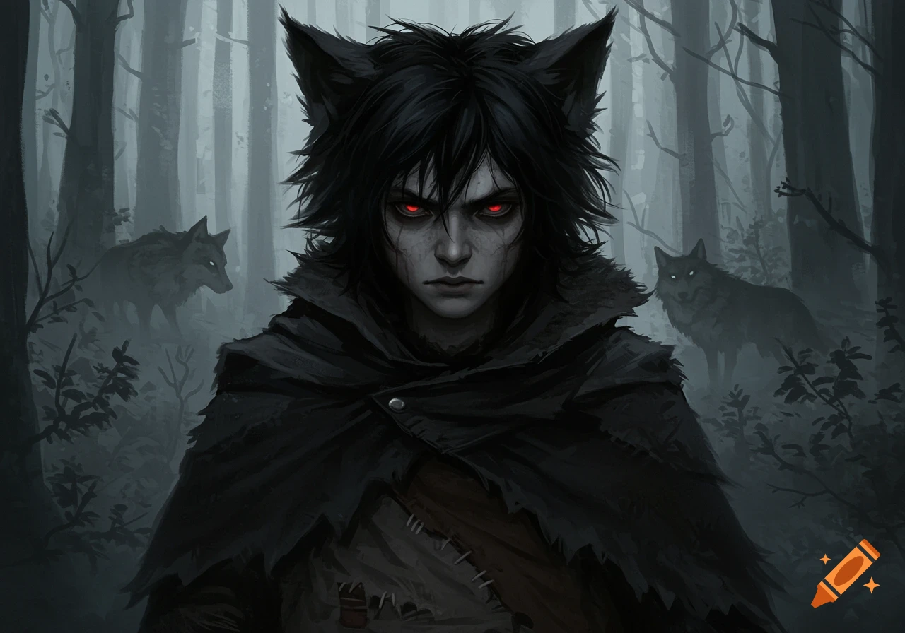 A dark, stylized fantasy painting of a half-wolf boy with red eyes and black hair, wearing a cloak, standing in a misty forest with two wolves.
