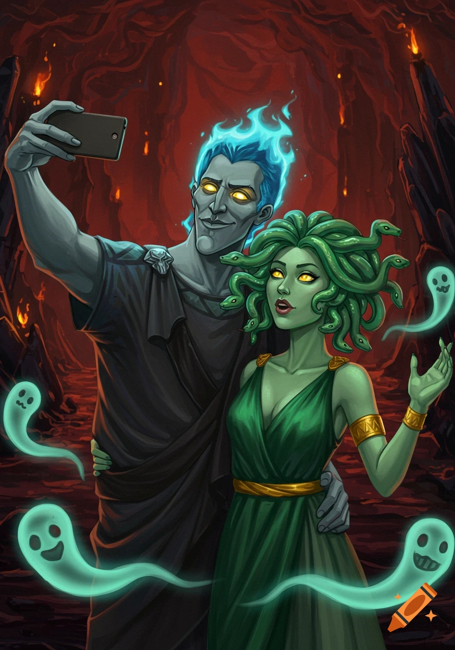 Hades with blue flames for hair and green-skinned Medusa with snakes for hair take a selfie in a dark, fiery underworld setting with three friendly ghosts floating around them in a cartoon style.