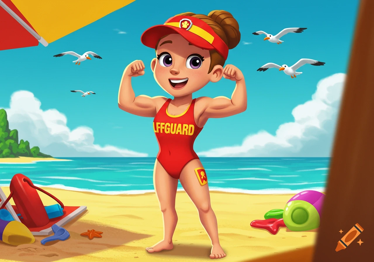 Cartoon female lifeguard in a red swimsuit flexing on a sunny beach with seagulls and beach toys.