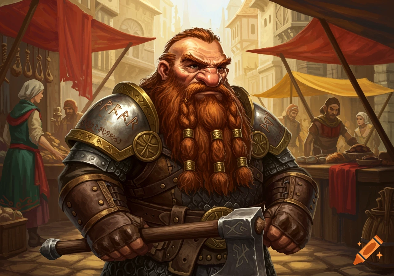 A heavily armored, red-bearded dwarf with an axe stands in a bustling medieval market.