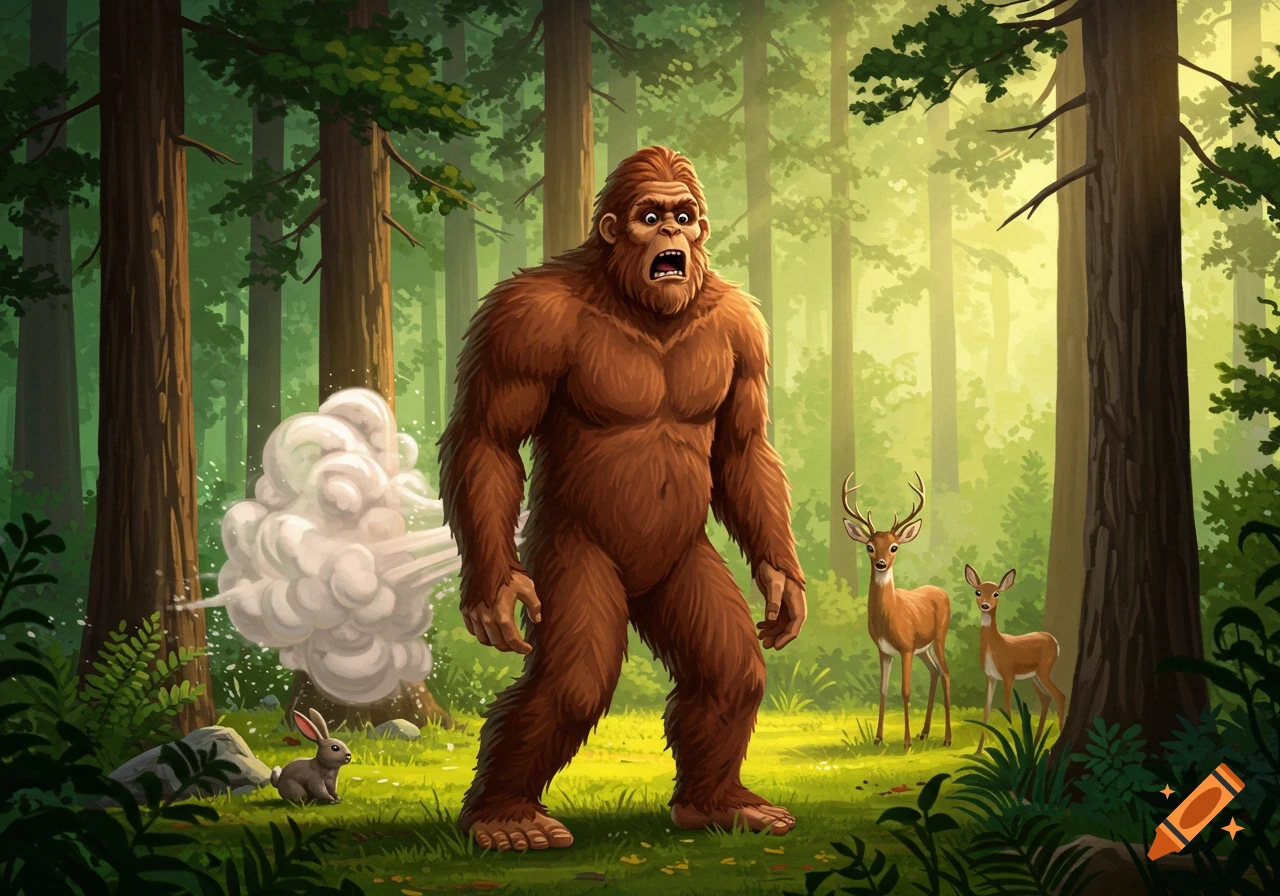 A cartoon Bigfoot with a shocked expression farts a large cloud of smoke in a sunlit forest, startling a rabbit and two deer.