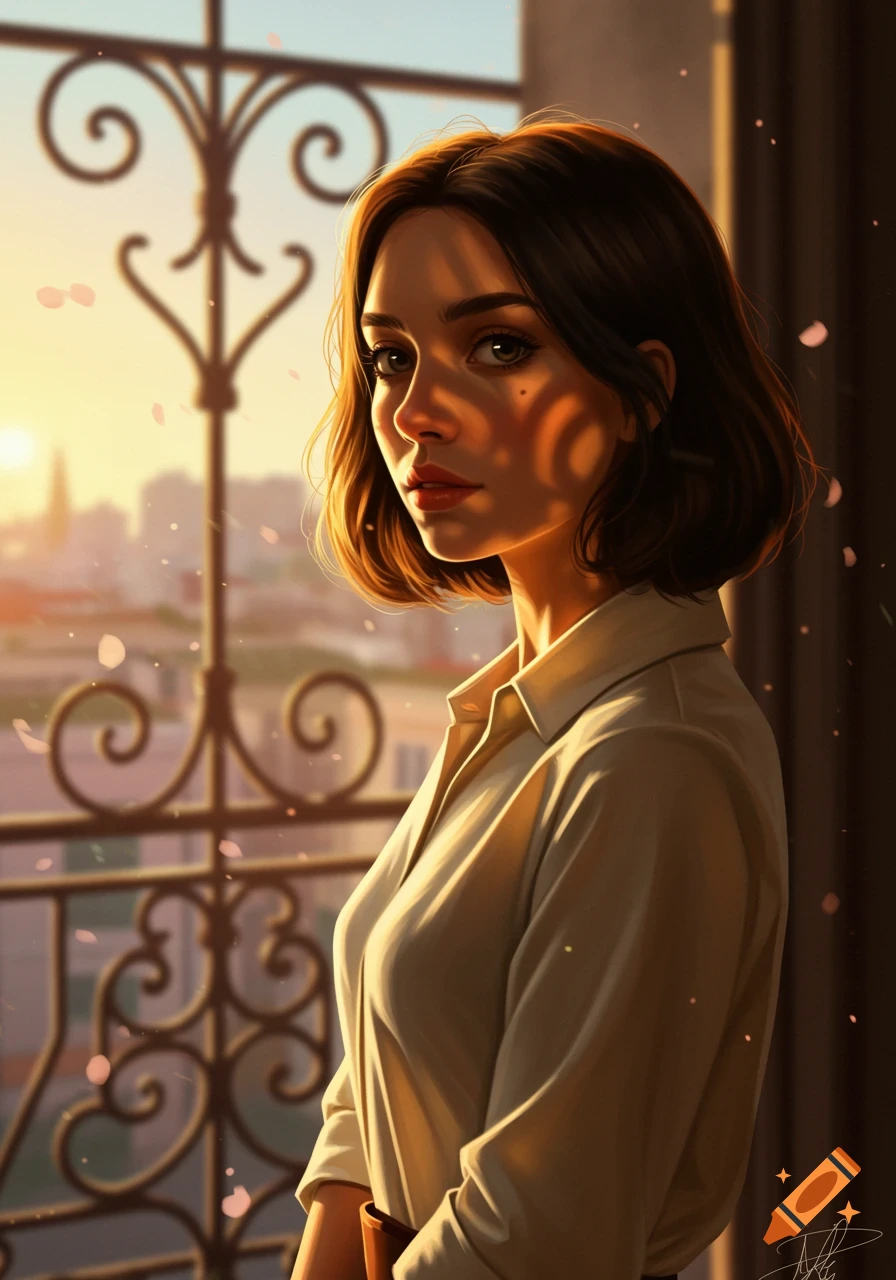 Digital art portrait of a young woman looking out from a balcony at a sunset over a city.