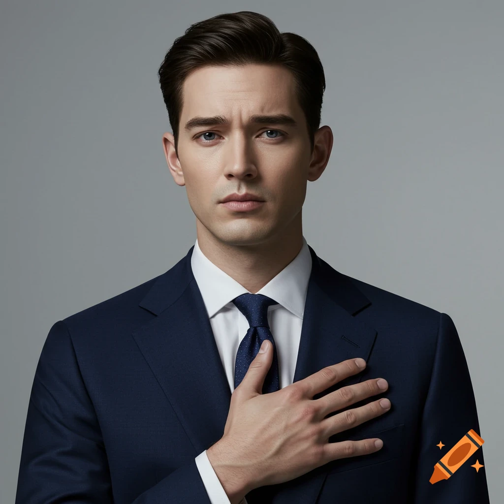 Photorealistic portrait of a man in a dark blue suit, with his right hand over his heart, against a neutral grey background.