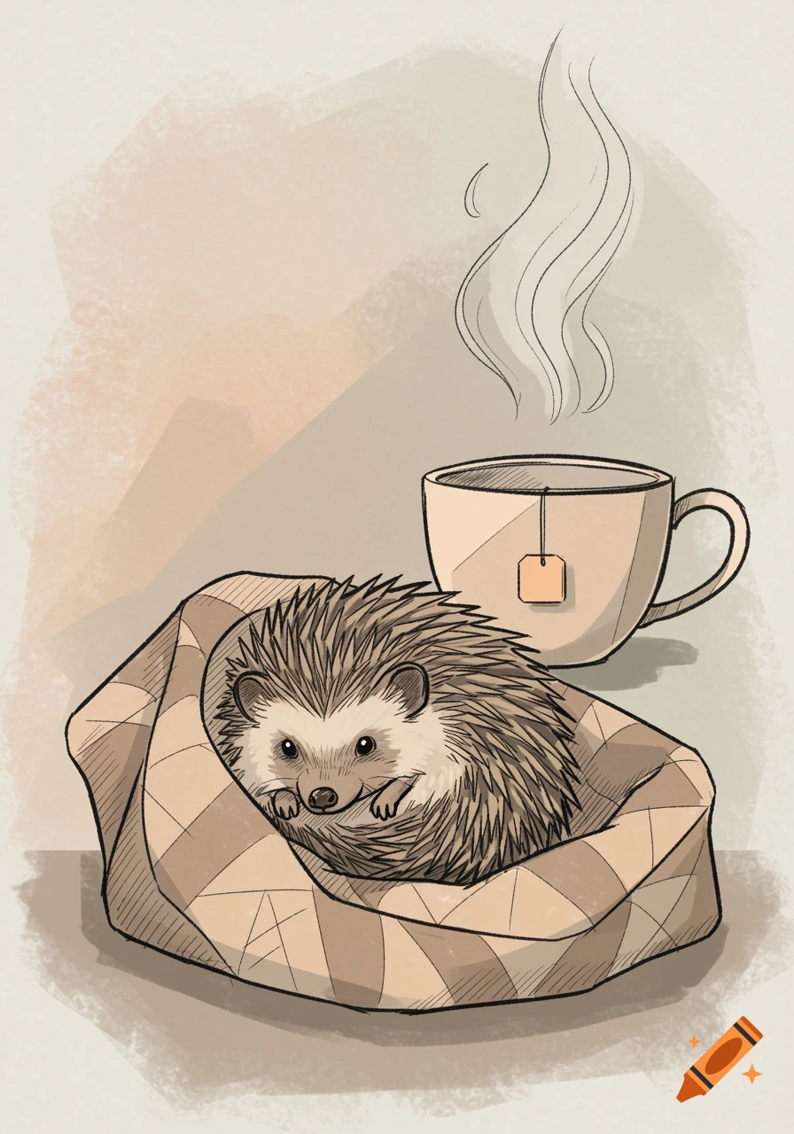 A sketch illustration of a hedgehog curled up in a plaid blanket with a steaming teacup next to it, evoking a cozy home scene.