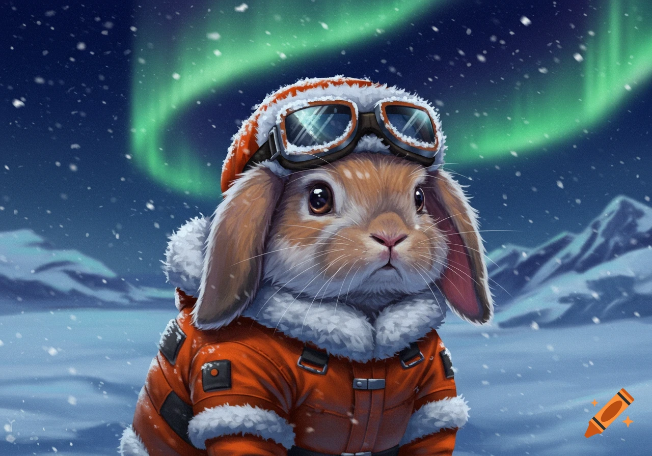 An illustrated lop rabbit wearing orange arctic survival gear and goggles in a snowy landscape with the northern lights.