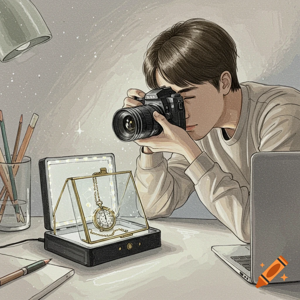 An illustration of a person with short brown hair holding a camera, photographing a golden pocket watch inside a clear display box with internal lights.