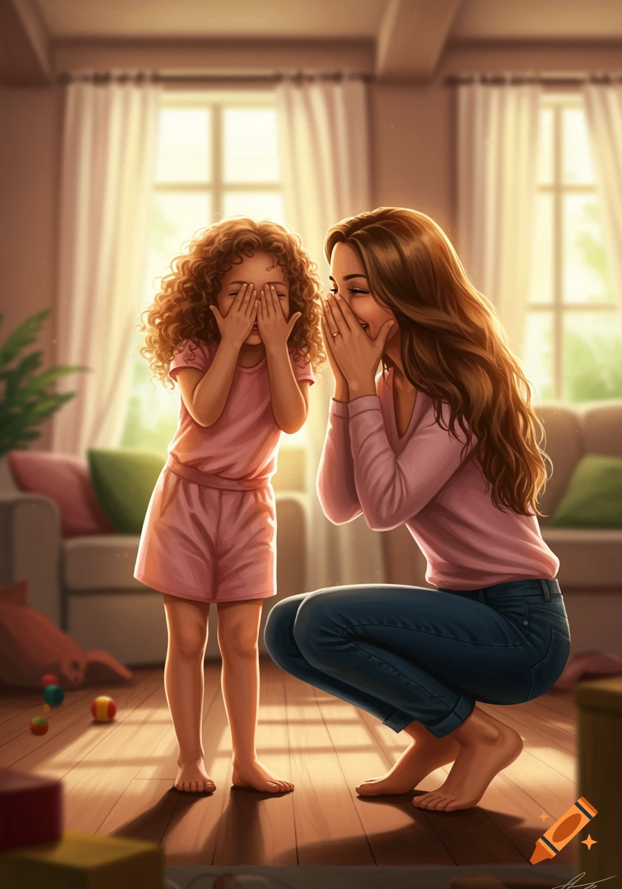 Illustrative image of a mother and daughter playing peek-a-boo indoors. The daughter covers her eyes, and the mother smiles while covering her mouth.