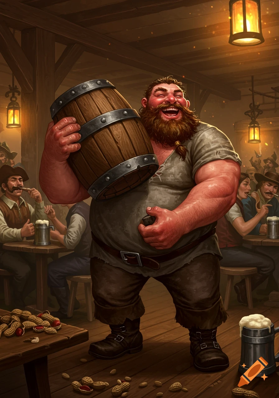 A jovial, bearded man laughs heartily while holding a wooden keg in a rustic tavern with other patrons.