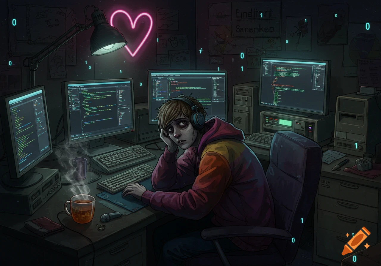 An exhausted person in headphones sits at a desk surrounded by multiple computer screens displaying code in a dark room with a glowing pink heart.