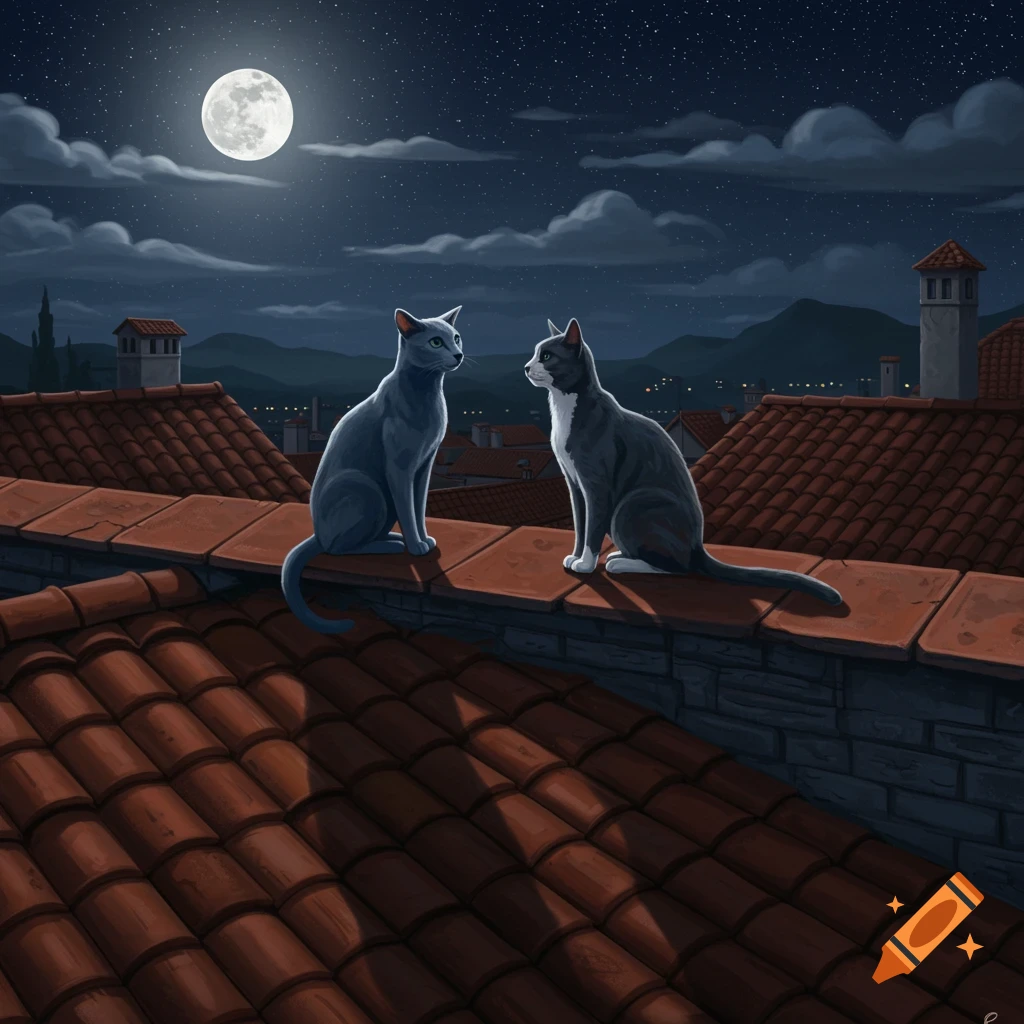 Two cats, a Russian Blue and a grey tuxedo, sit on a tiled rooftop under a full moon and starry night sky, looking at each other.