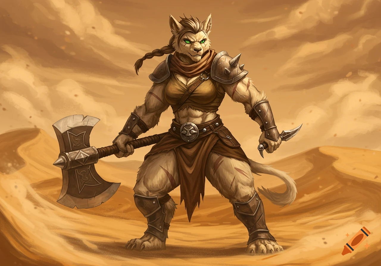 A muscular female Leonin berserker with beige fur and green eyes, holding a great axe and a dagger in a sandy desert.