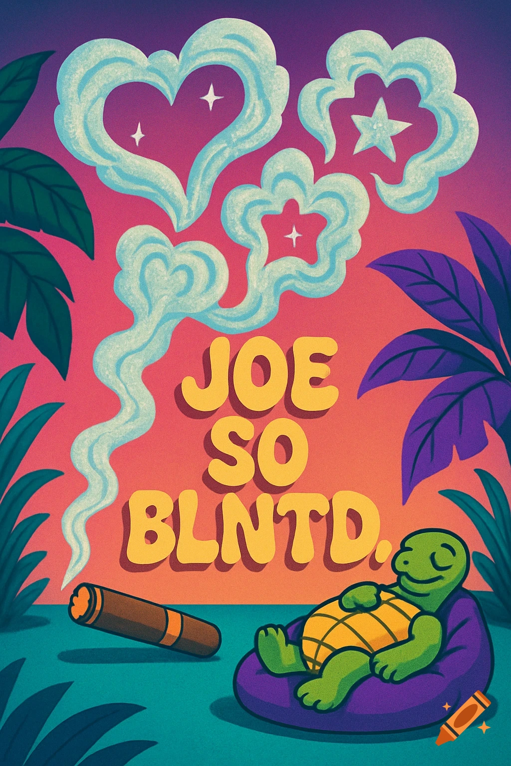 A colorful cartoon illustration of a happy turtle relaxing on a purple beanbag next to a lit cigar, with smoke forming hearts and stars, and text that reads "JOE SO BLNTD.".
