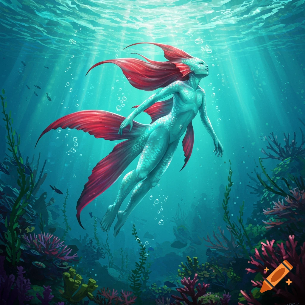 A vibrant fantasy illustration of a fish-person with red fins and cyan scales swimming gracefully underwater amidst coral reefs and sunlight.
