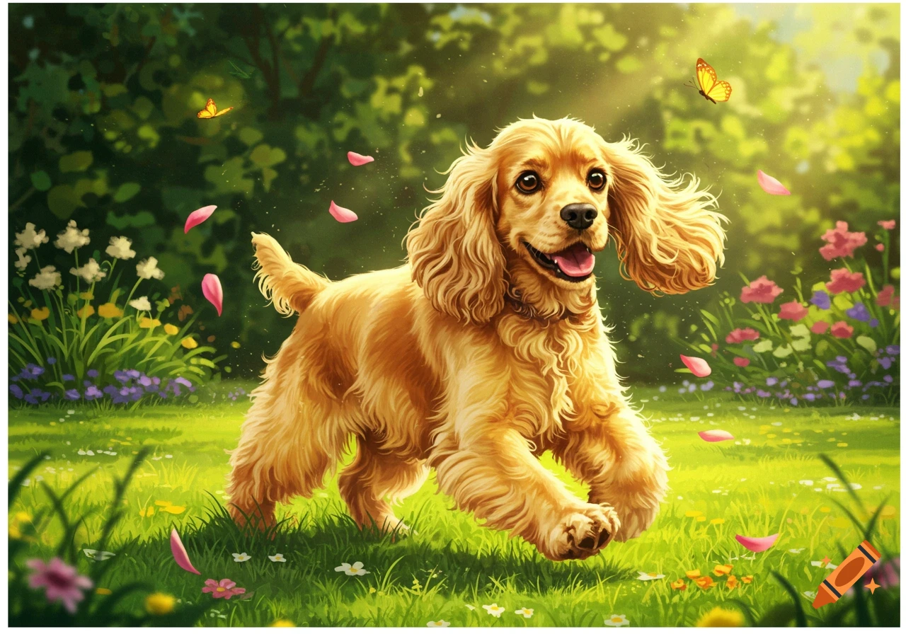 A golden Cocker Spaniel dog running through a vibrant green field with pink petals and butterflies.
