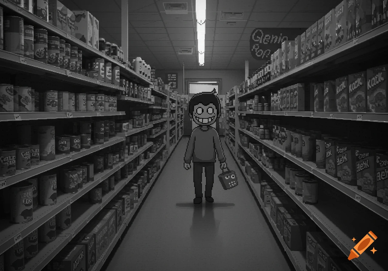 A creepy-smiling cartoon boy in pixel art style stands in the middle of a dimly lit, grayscale supermarket aisle holding a small bag.