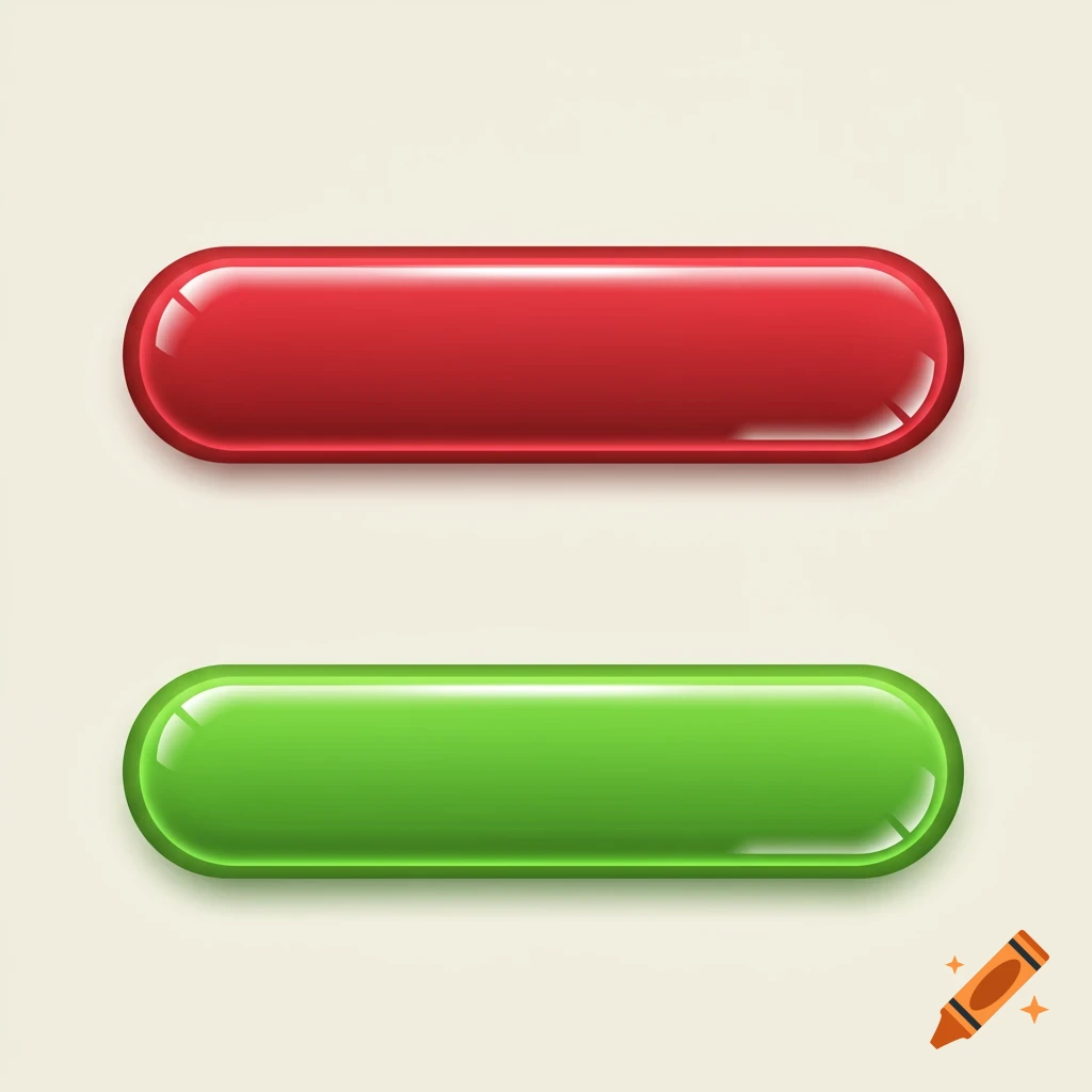 Two glossy, rounded rectangular buttons, one red and one green, with reflections and shadows.
