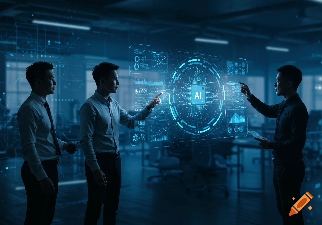 Three men interact with a large, glowing blue holographic AI interface in a dark, futuristic office.